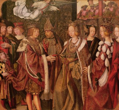 Die heilige Ursula und Prinz Etherius geben sich ein feierliches Gelübde, Tafel vom St. Auta Altar, um 1520 (Detail) von Master of the St. Auta Altarpiece